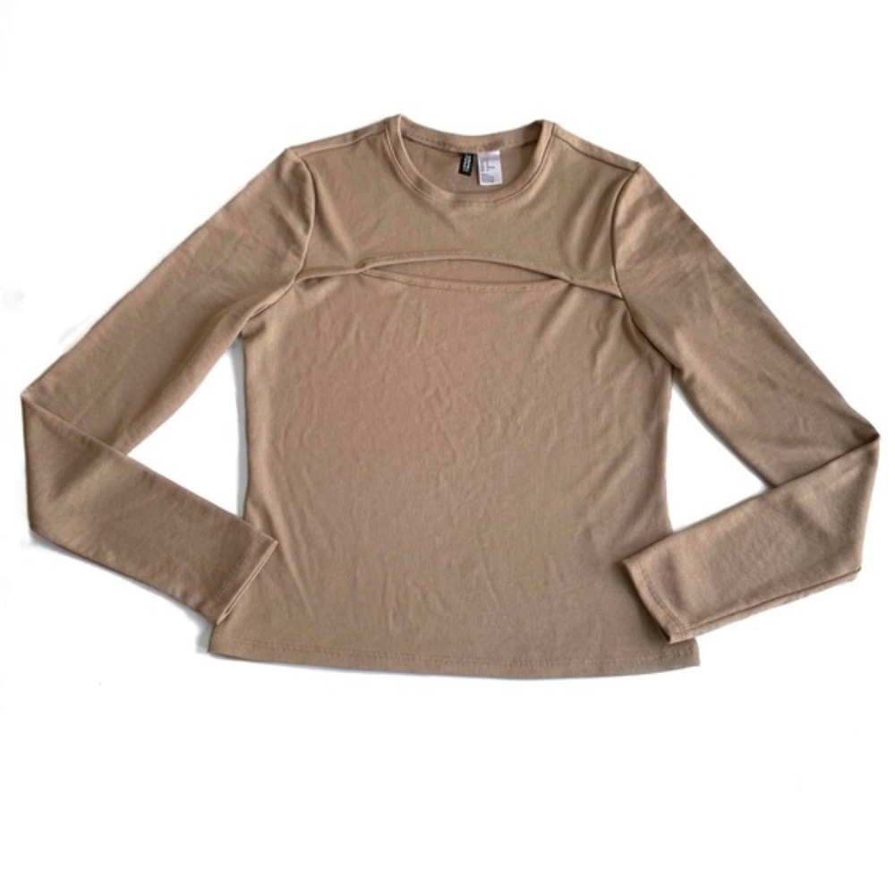 H&M Divided tan long sleeve keyhole cutout top M
